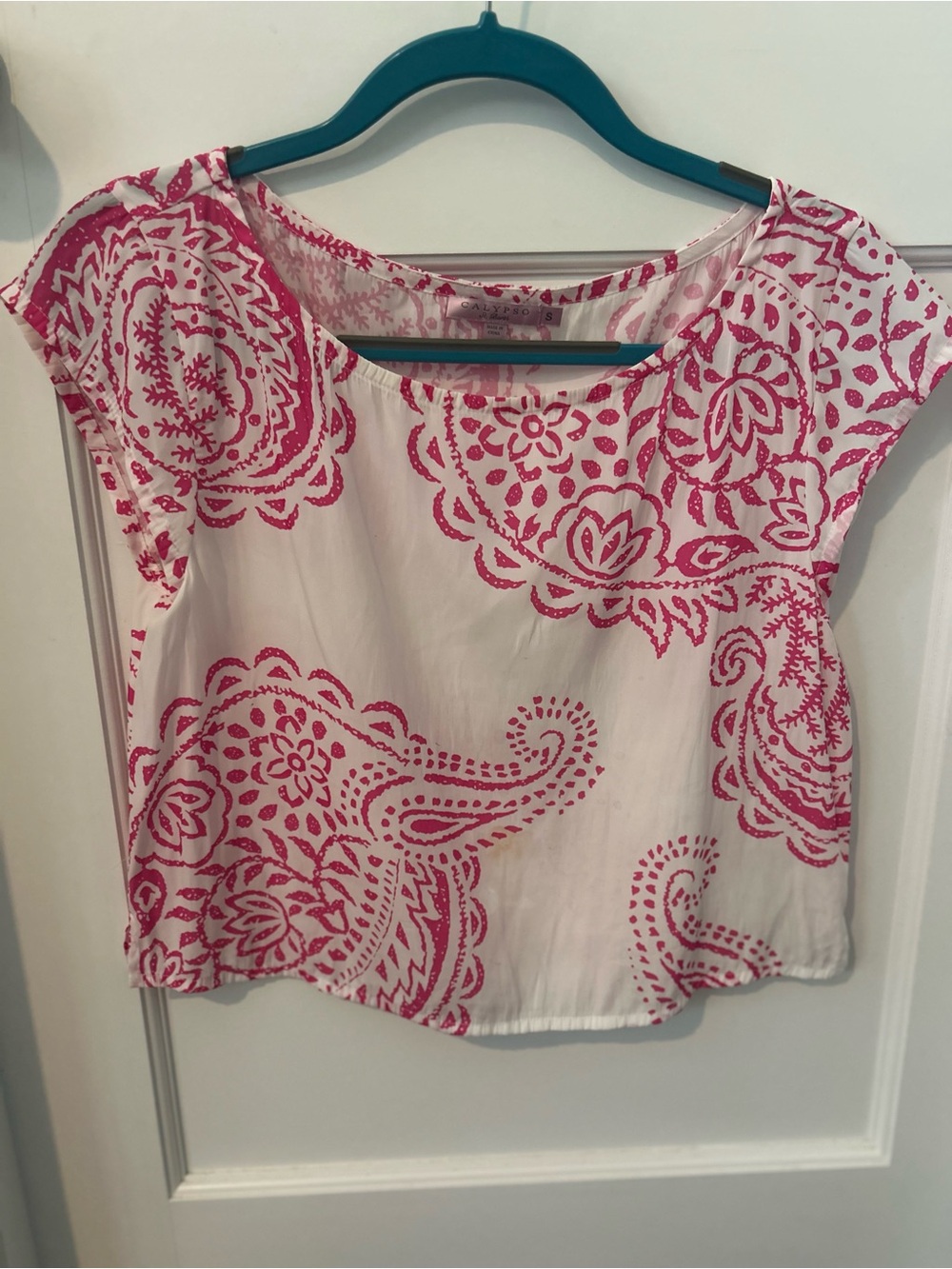 Calypso St. Barth White Crop Top with Pink Paisley Print